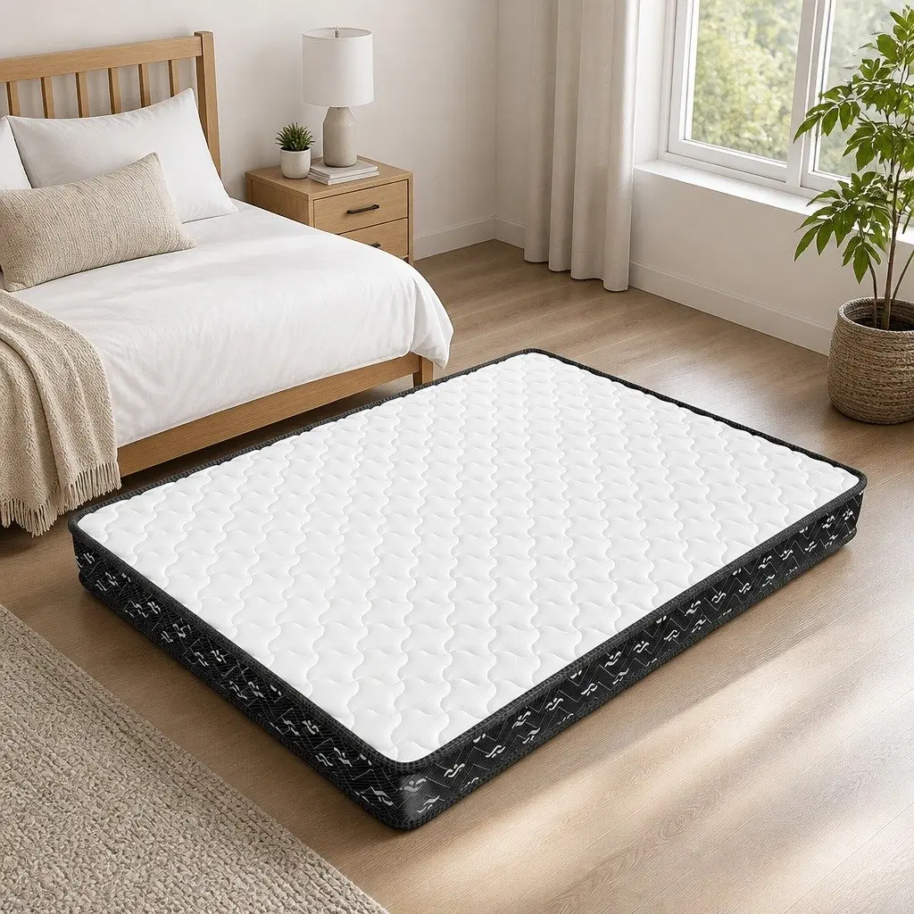 King Size Mattress Bonnell Springs 16cm Thick Medium Soft White and Black Knitted Fabric Hypoallergenic Support