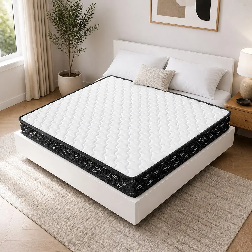 King Size Mattress Bonnell Springs 16cm Thick Medium Soft White and Black Knitted Fabric Hypoallergenic Support
