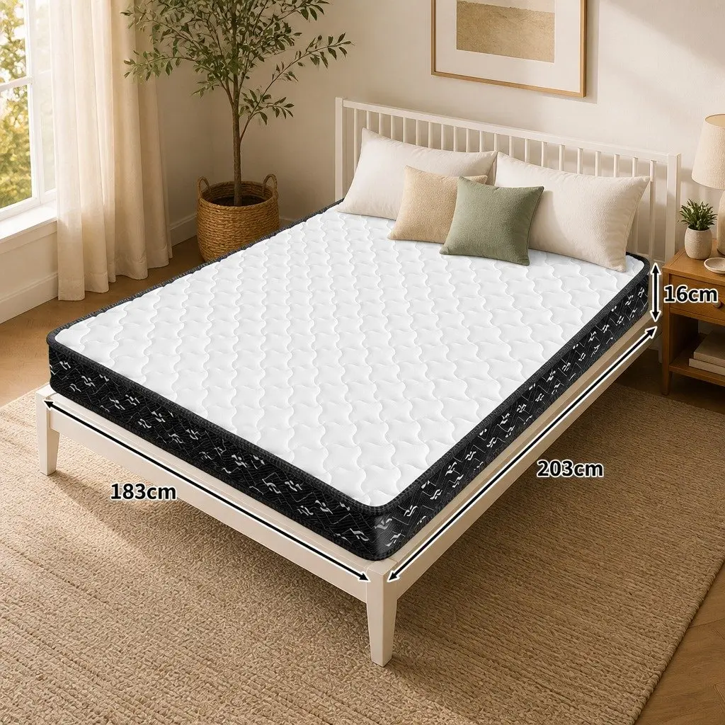 King Size Mattress Bonnell Springs 16cm Thick Medium Soft White and Black Knitted Fabric Hypoallergenic Support