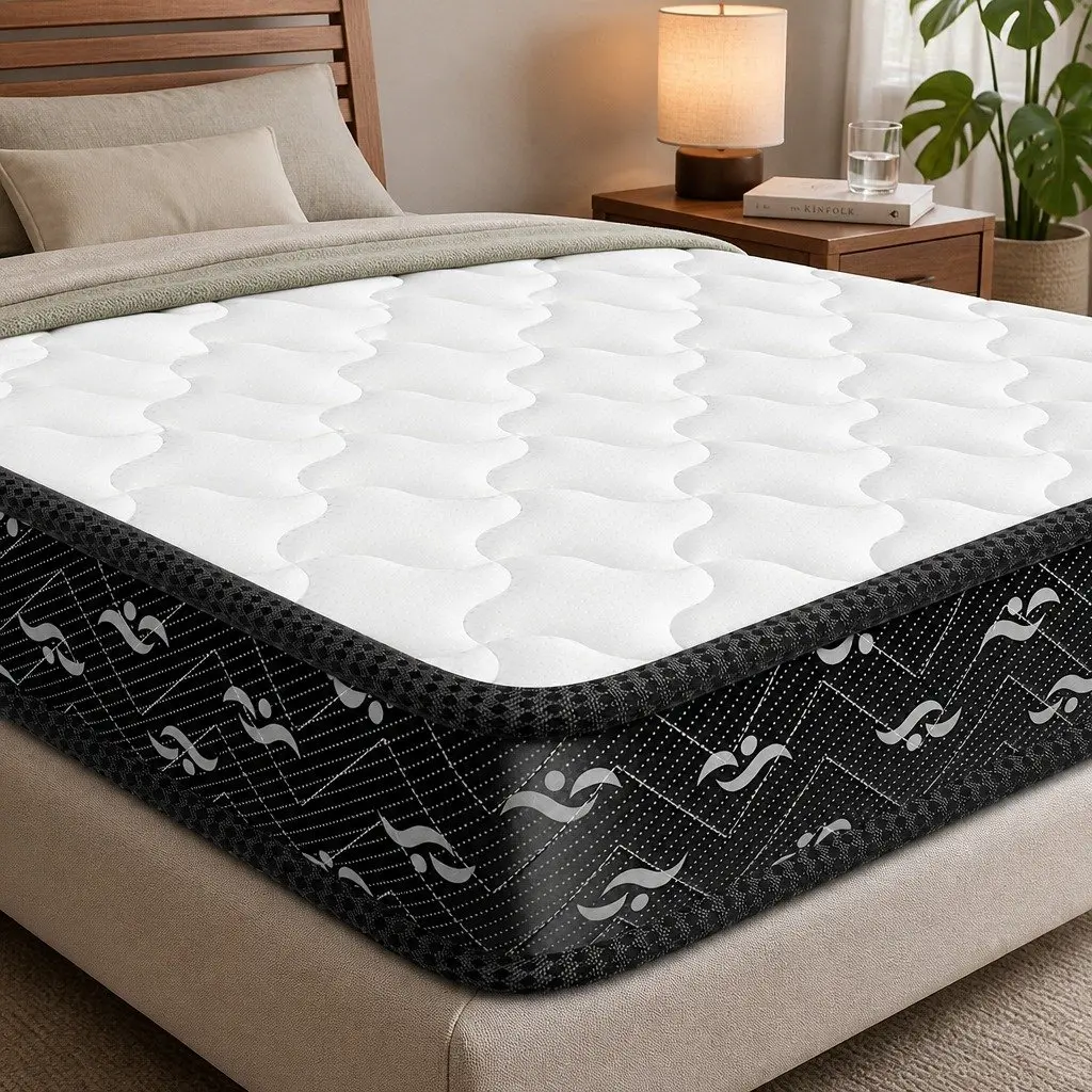 King Size Mattress Bonnell Springs 16cm Thick Medium Soft White and Black Knitted Fabric Hypoallergenic Support
