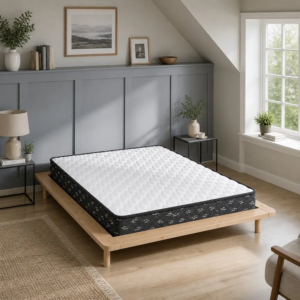 King Size Mattress Bonnell Springs 16cm Thick Medium Soft White and Black Knitted Fabric Hypoallergenic Support