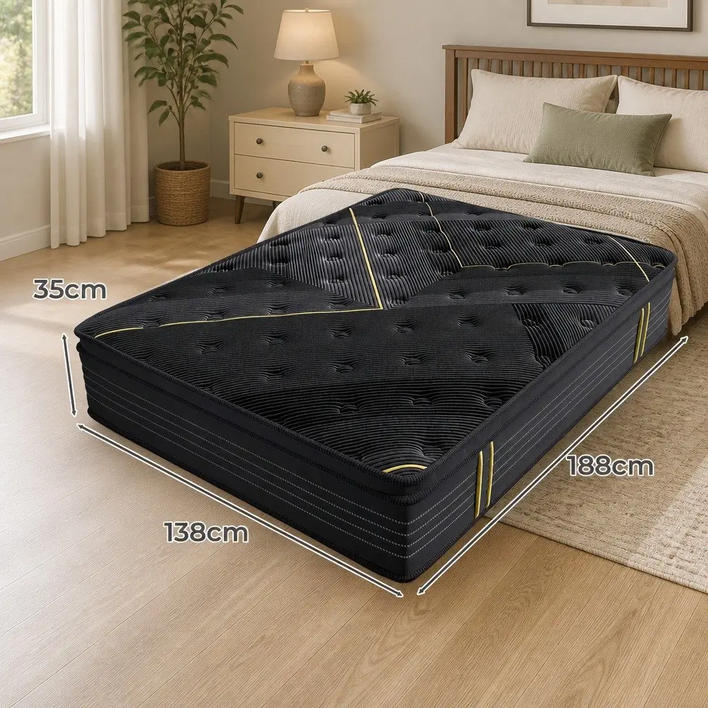 Spring Mattress Bamboo Charcoal Euro Top Double Bed Pocket Coil Support Black 188cm L x 138cm W 35cm Thickness
