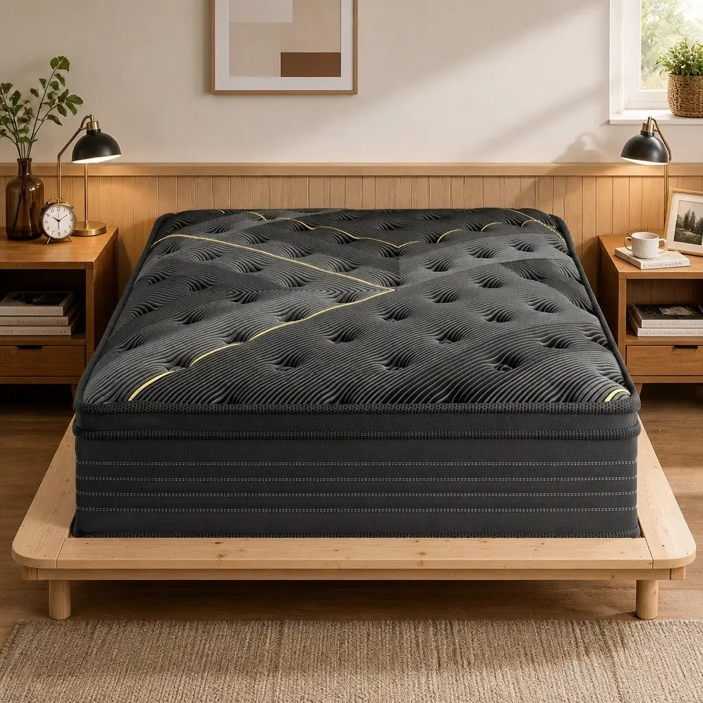 Spring Mattress Bamboo Charcoal Euro Top Double Bed Pocket Coil Support Black 188cm L x 138cm W 35cm Thickness