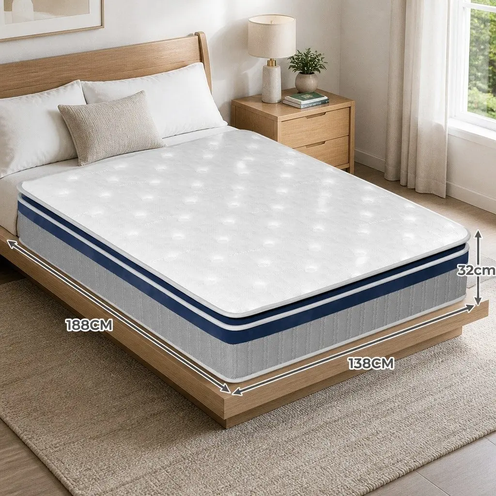Double Spring Mattress Pillow Top 32cm Pocket Coil White