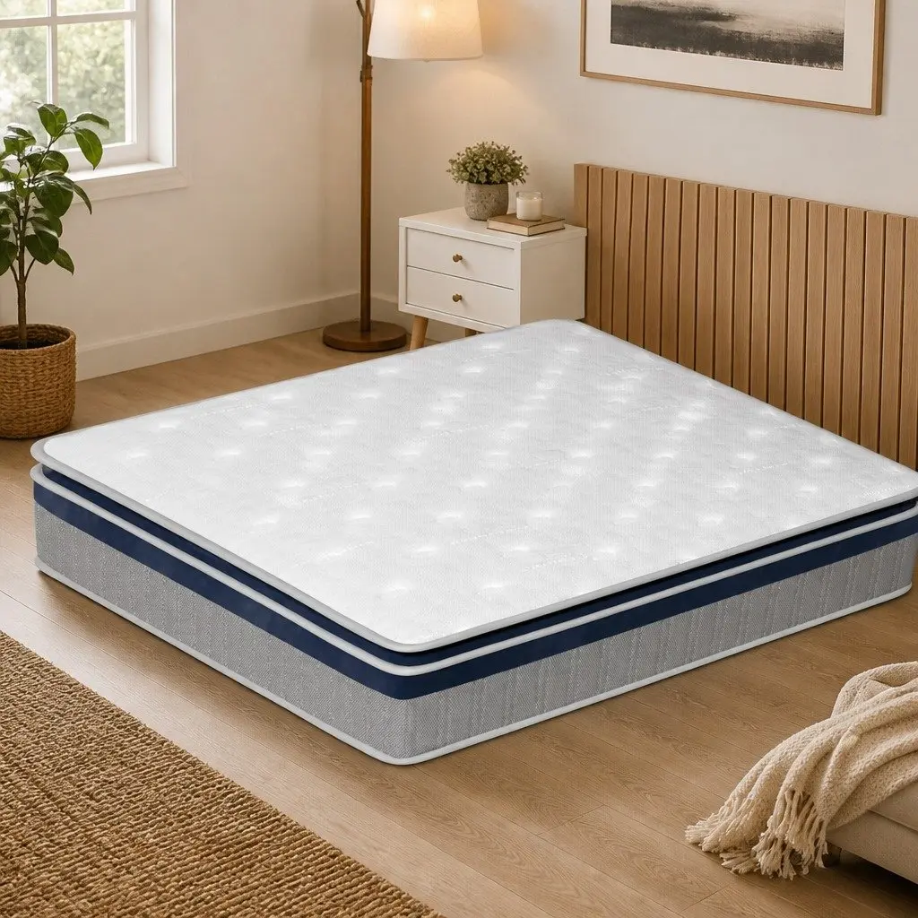 King Pillow Top Spring Mattress 203cm x 183cm x 32cm High Density Foam Pocket Spring White