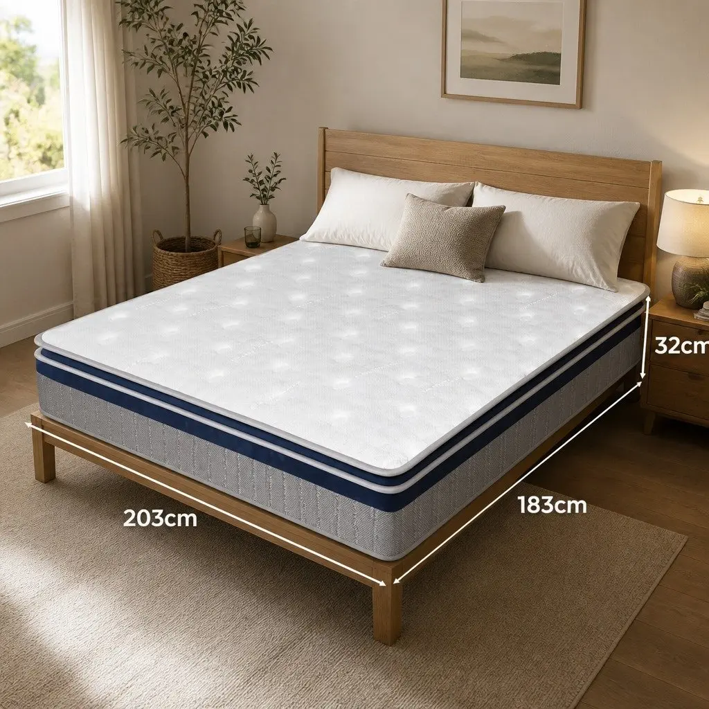 King Pillow Top Spring Mattress 203cm x 183cm x 32cm High Density Foam Pocket Spring White