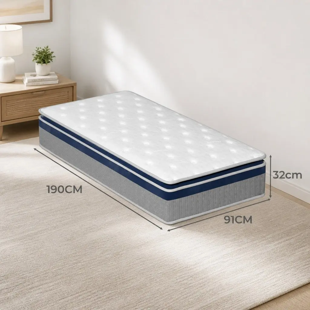 Single Pillow Top Spring Mattress 32cm Thick 7-Zone Pocket Coil Support White