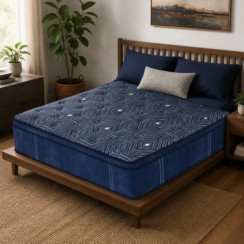 Double Mattress Pocket Coil Euro Top 30cm Blue Knitted Fabric High Density Foam