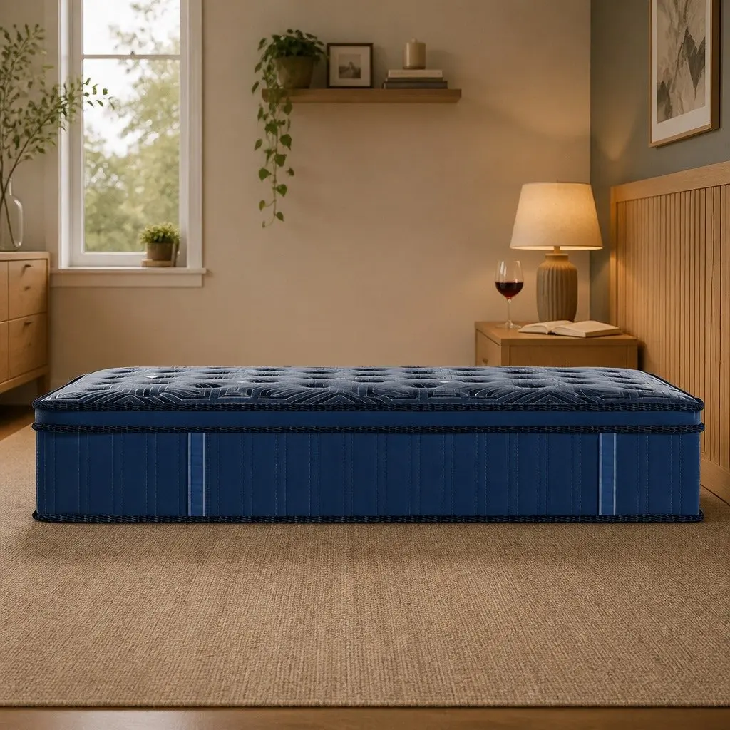 Double Mattress Pocket Coil Euro Top 30cm Blue Knitted Fabric High Density Foam