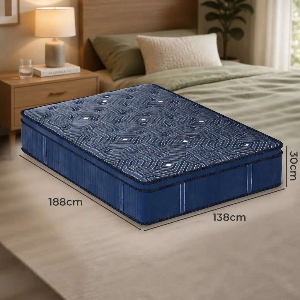 Double Mattress Pocket Coil Euro Top 30cm Blue Knitted Fabric High Density Foam