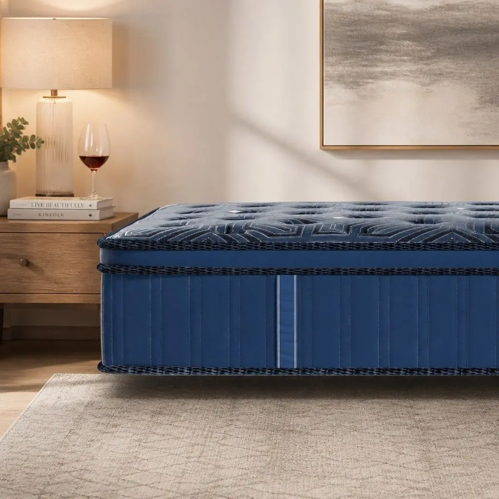 Double Mattress Pocket Coil Euro Top 30cm Blue Knitted Fabric High Density Foam