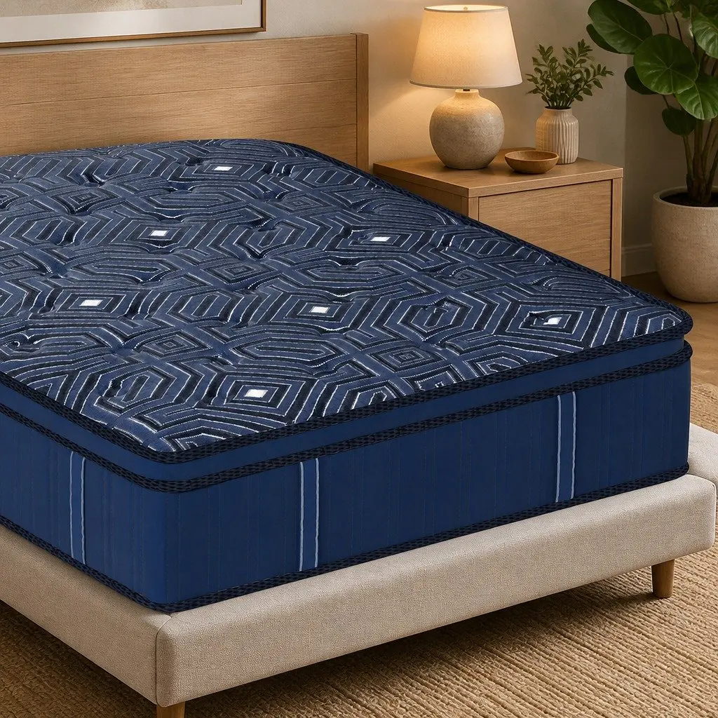 Double Mattress Pocket Coil Euro Top 30cm Blue Knitted Fabric High Density Foam