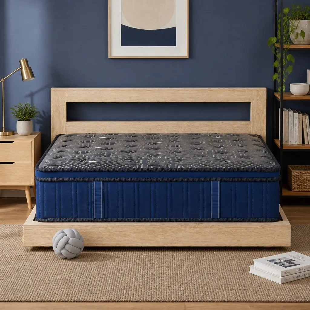 Double Mattress Pocket Coil Euro Top 30cm Blue Knitted Fabric High Density Foam