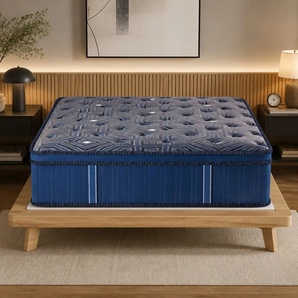 Double Mattress Pocket Coil Euro Top 30cm Blue Knitted Fabric High Density Foam