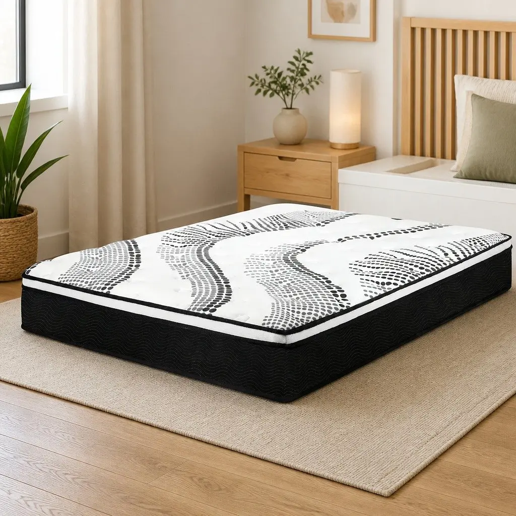Queen Mattress 7 Zone Pocket Spring Hybrid Foam Medium Firm Support White and Black