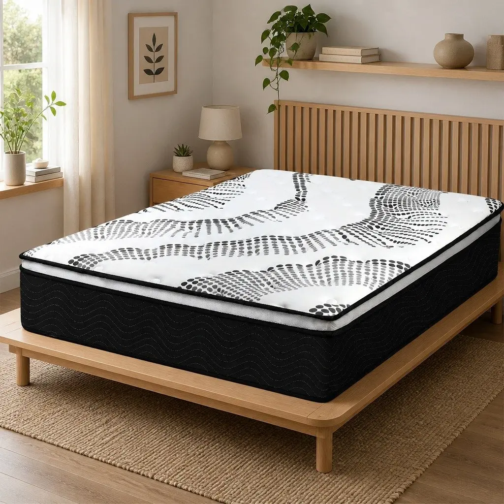 Queen Mattress 7 Zone Pocket Spring Hybrid Foam Medium Firm Support White and Black