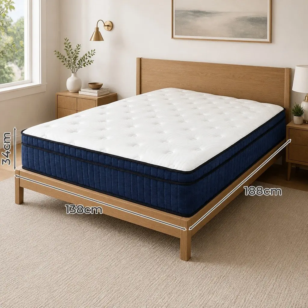 Double Mattress Hybrid Foam 7 Zone Pocket Spring Medium Firm 188cm x 138cm White and Blue