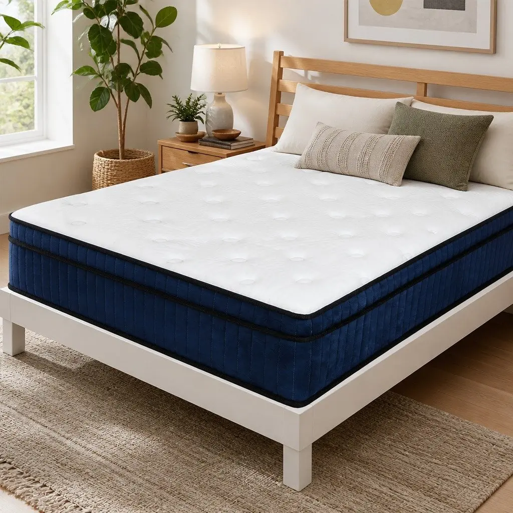 Double Mattress Hybrid Foam 7 Zone Pocket Spring Medium Firm 188cm x 138cm White and Blue