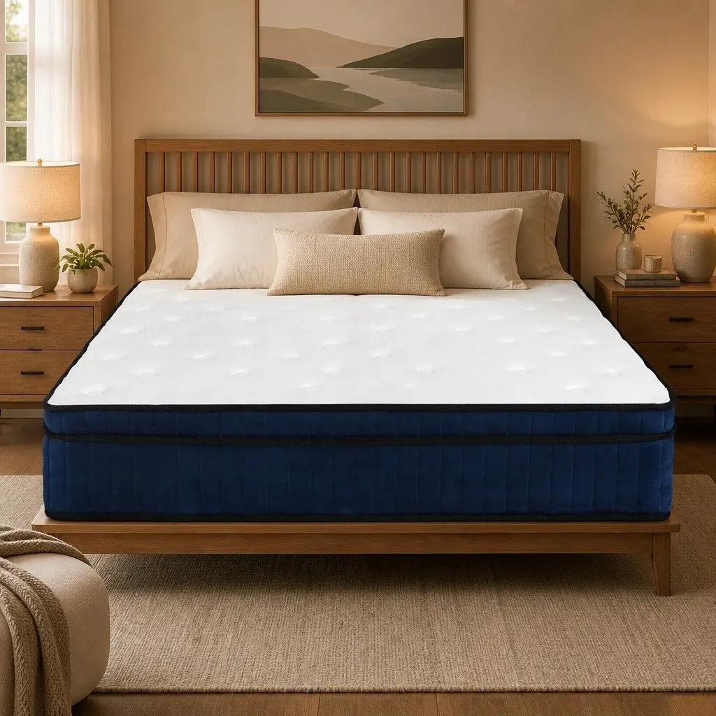 Double Mattress Hybrid Foam 7 Zone Pocket Spring Medium Firm 188cm x 138cm White and Blue