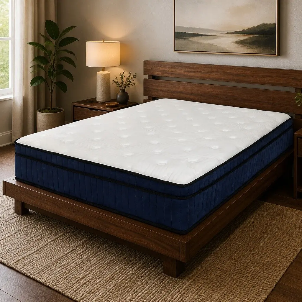 Double Mattress Hybrid Foam 7 Zone Pocket Spring Medium Firm 188cm x 138cm White and Blue