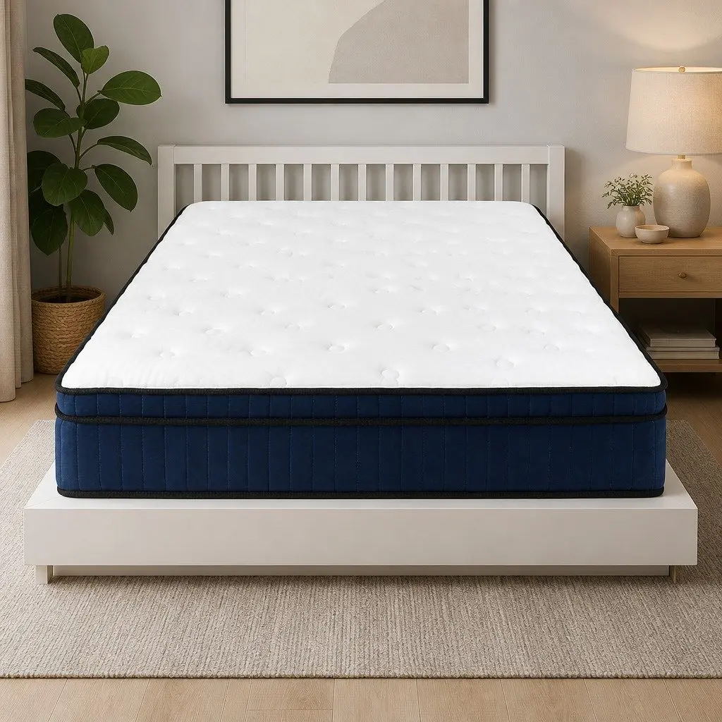 King Mattress 7 Zone Pocket Spring Medium Firm Hybrid Foam Support 203cm L x 183cm W x 34cm H White and Blue