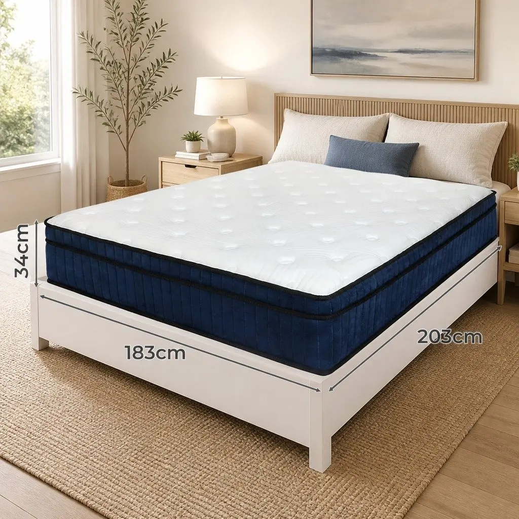 King Mattress 7 Zone Pocket Spring Medium Firm Hybrid Foam Support 203cm L x 183cm W x 34cm H White and Blue
