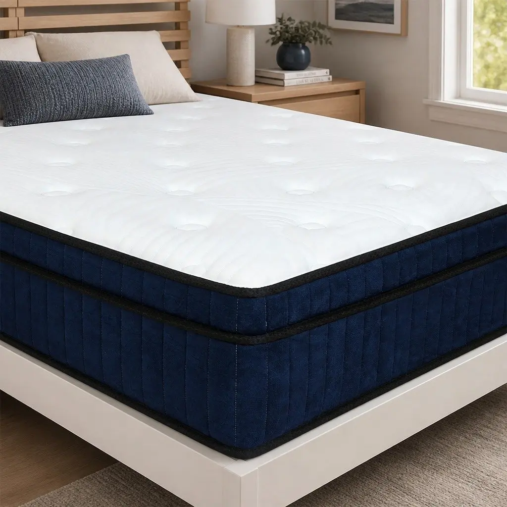 King Mattress 7 Zone Pocket Spring Medium Firm Hybrid Foam Support 203cm L x 183cm W x 34cm H White and Blue