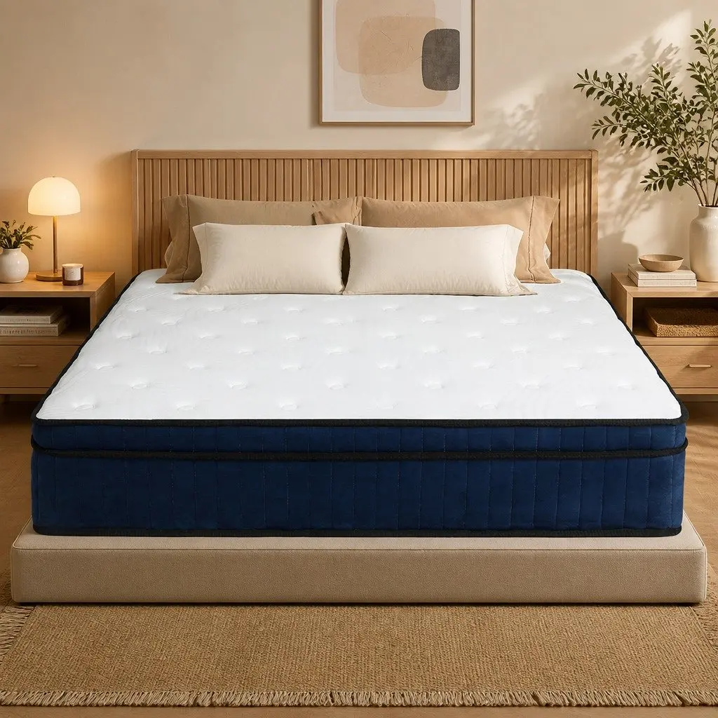 King Mattress 7 Zone Pocket Spring Medium Firm Hybrid Foam Support 203cm L x 183cm W x 34cm H White and Blue