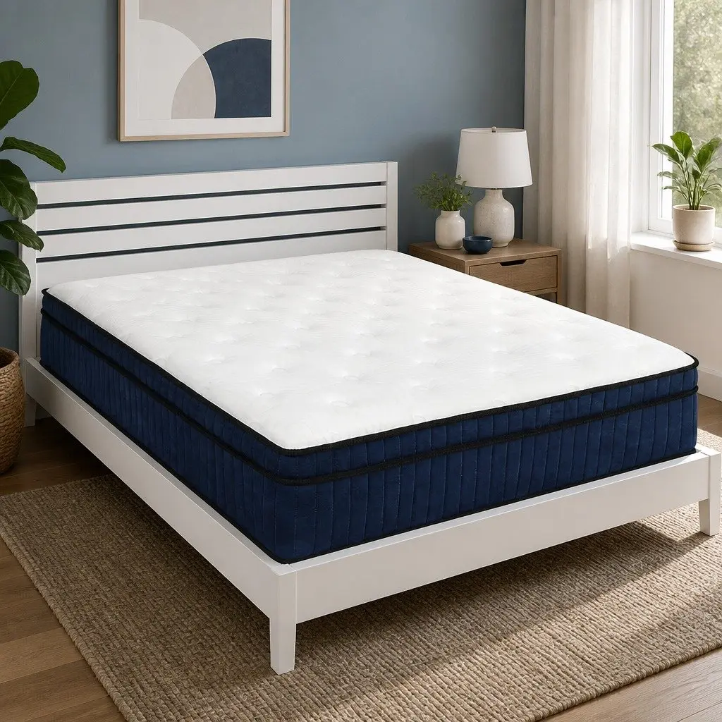 Queen Size Mattress Hybrid Foam 34cm White and Blue 7 Zone Pocket Spring Medium Firm Support