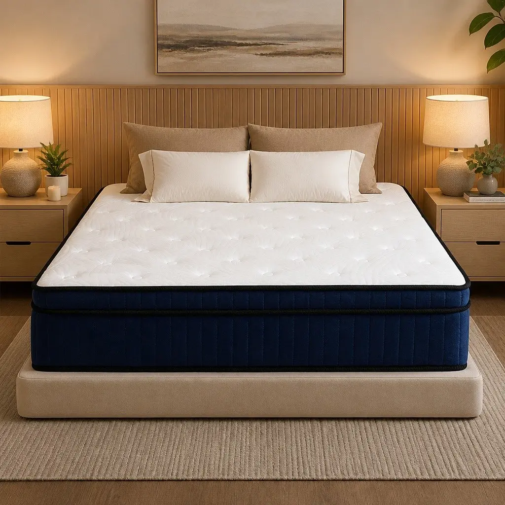 Queen Size Mattress Hybrid Foam 34cm White and Blue 7 Zone Pocket Spring Medium Firm Support