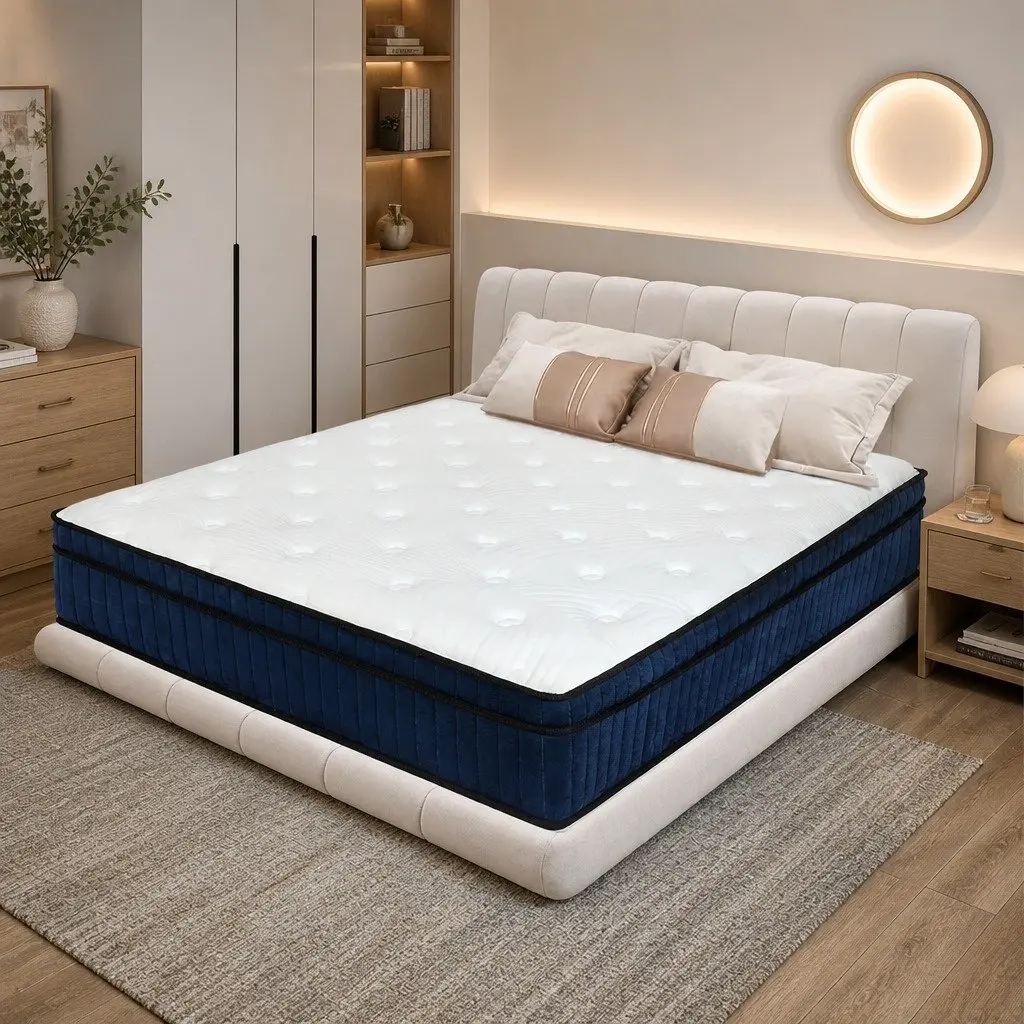 Queen Size Mattress Hybrid Foam 34cm White and Blue 7 Zone Pocket Spring Medium Firm Support