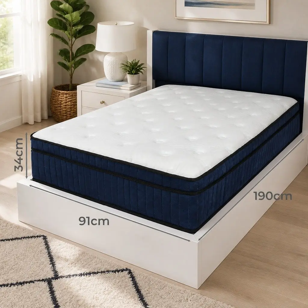 7 Zone Pocket Spring Mattress Hybrid Foam Single Bed 34cm White and Blue Medium Firm Orthopedic Support