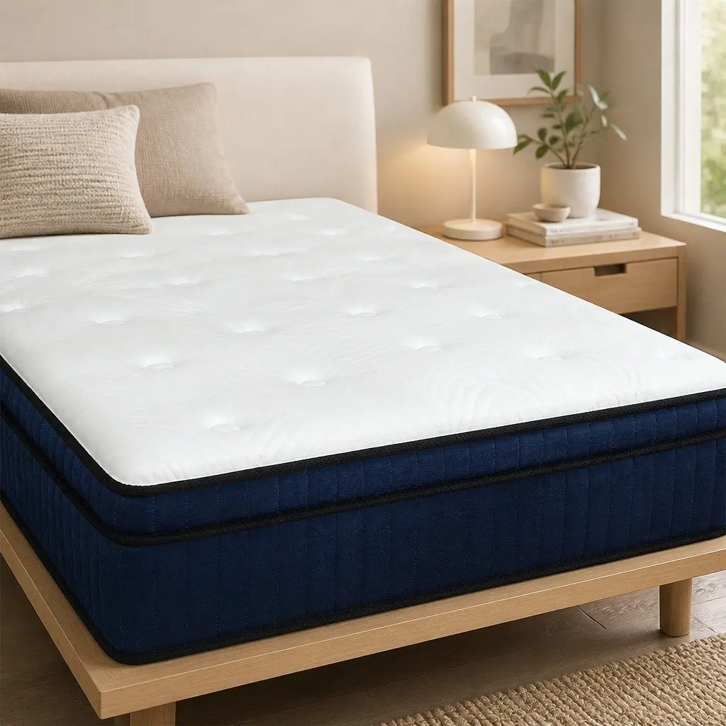 7 Zone Pocket Spring Mattress Hybrid Foam Single Bed 34cm White and Blue Medium Firm Orthopedic Support