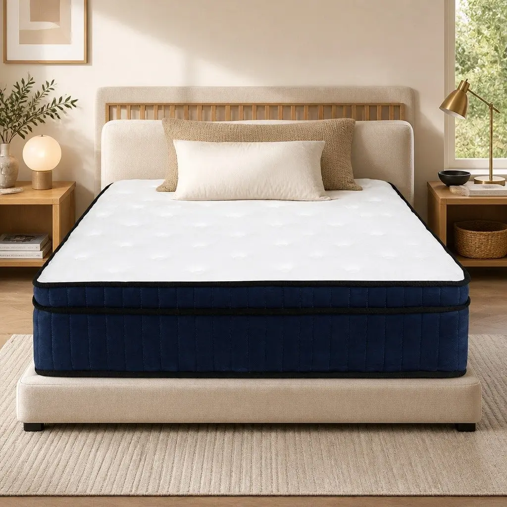 7 Zone Pocket Spring Mattress Hybrid Foam Single Bed 34cm White and Blue Medium Firm Orthopedic Support