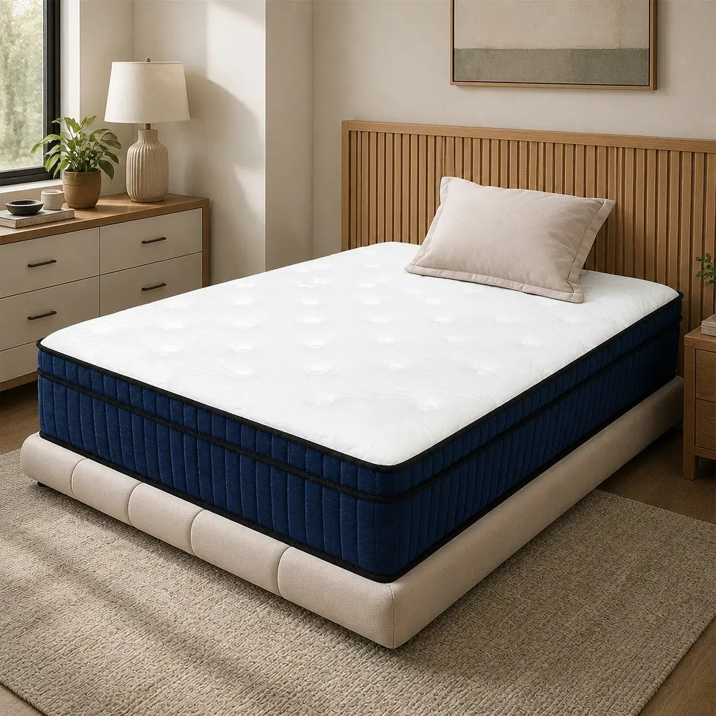 7 Zone Pocket Spring Mattress Hybrid Foam Single Bed 34cm White and Blue Medium Firm Orthopedic Support