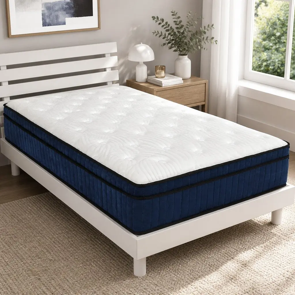 7 Zone Pocket Spring Mattress Hybrid Foam Single Bed 34cm White and Blue Medium Firm Orthopedic Support