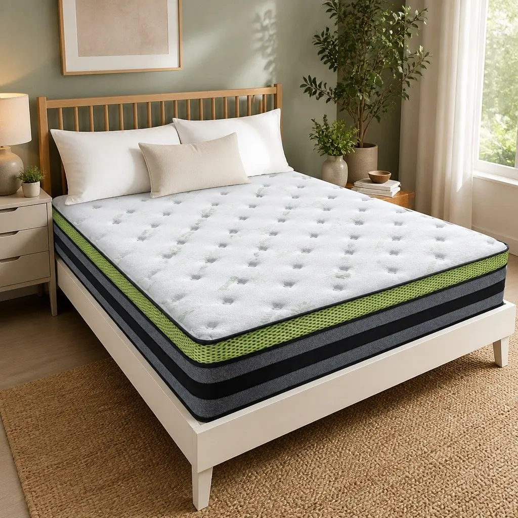 Queen Pocket Spring Mattress Medium-Firm 203x153cm Cool Gel Memory Foam White Grey Green