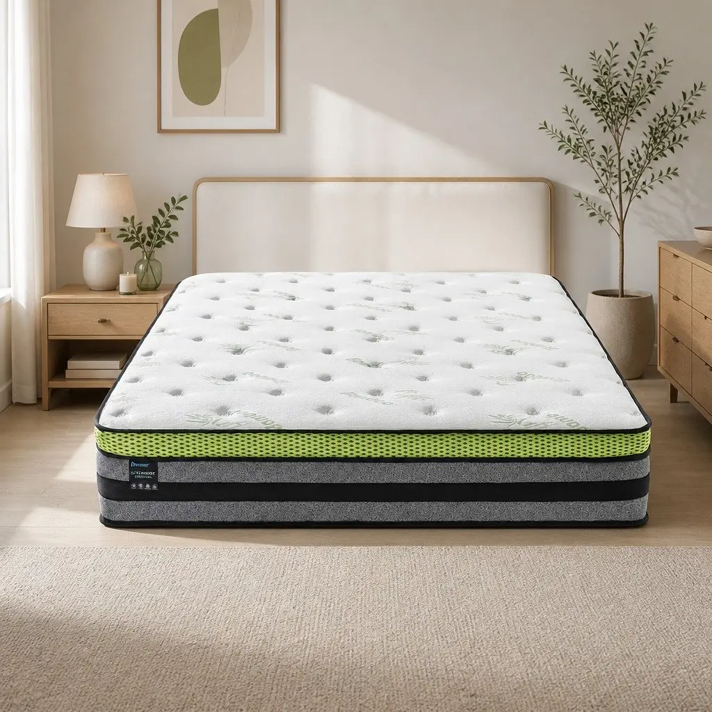 Queen Pocket Spring Mattress Medium-Firm 203x153cm Cool Gel Memory Foam White Grey Green