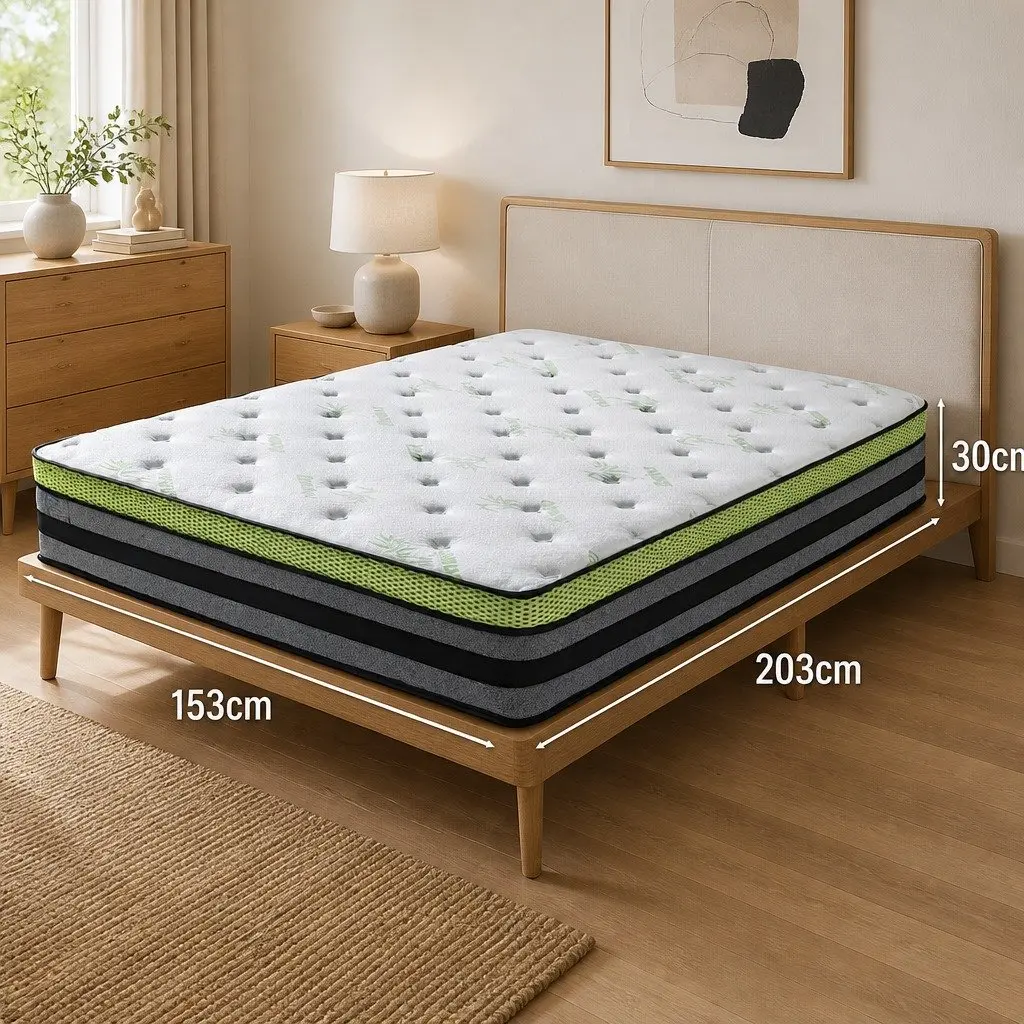 Queen Pocket Spring Mattress Medium-Firm 203x153cm Cool Gel Memory Foam White Grey Green