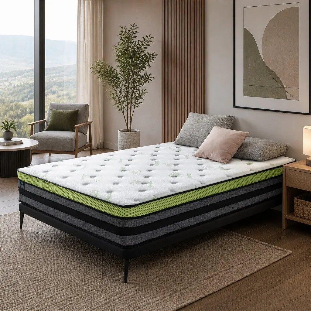 Queen Pocket Spring Mattress Medium-Firm 203x153cm Cool Gel Memory Foam White Grey Green