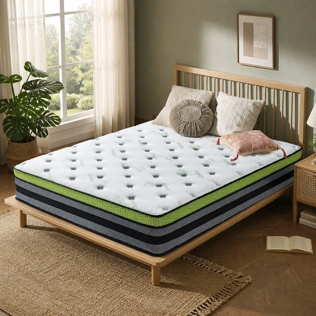 Queen Pocket Spring Mattress Medium-Firm 203x153cm Cool Gel Memory Foam White Grey Green