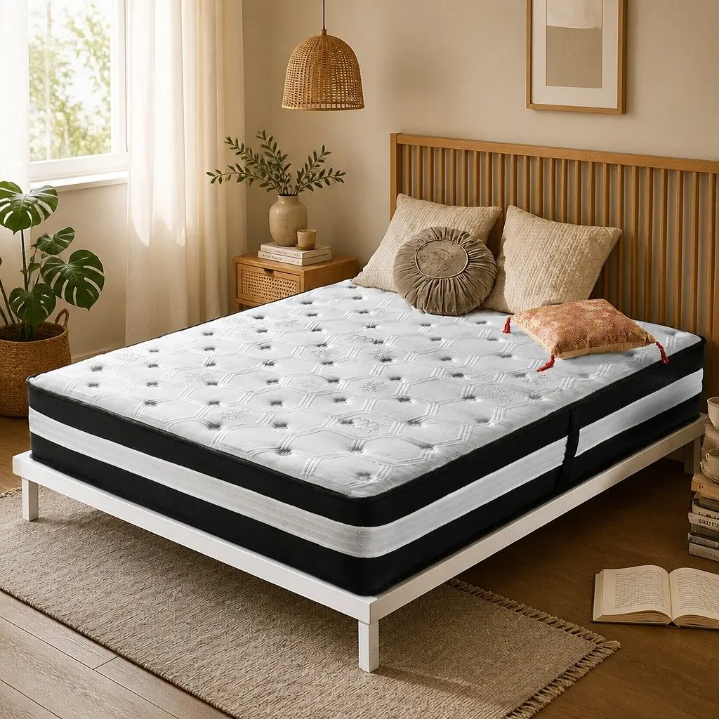 Queen Pocket Spring Mattress 5 Zone 25cm Medium Firm Support Ice Silk Black White
