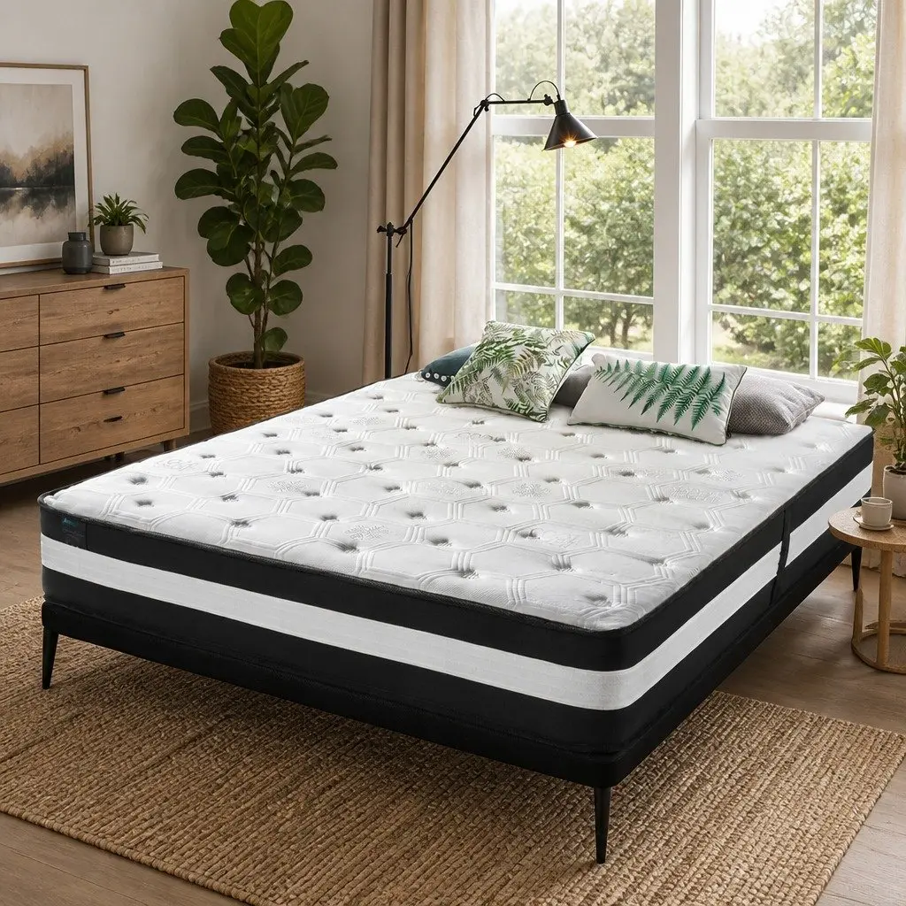 Queen Pocket Spring Mattress 5 Zone 25cm Medium Firm Support Ice Silk Black White