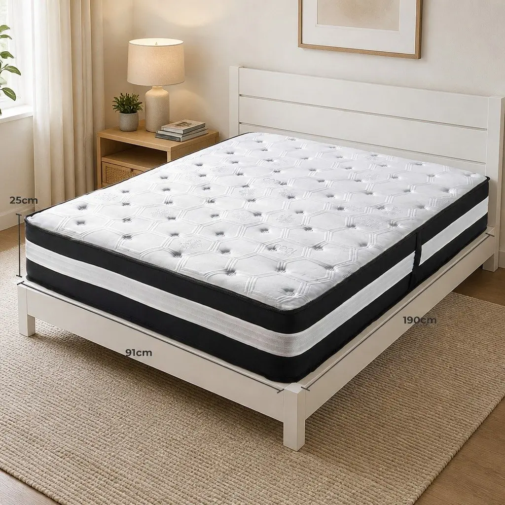 Single Mattress 5 Zone Pocket Spring 190cm x 90cm 25cm Medium Firm Cool Gel Memory Foam Ice Silk Fabric Black or White