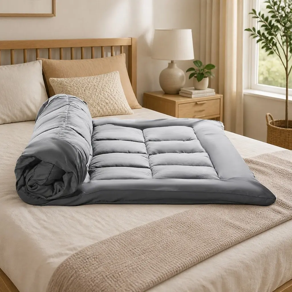 Double Bed Mattress Topper Bamboo Charcoal Fibre Soft Cushion Fitted Elastic Charcoal 190cm x 137cm
