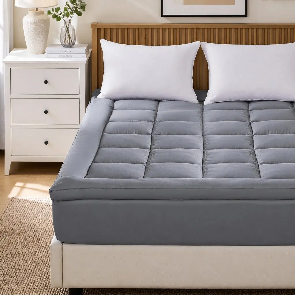 Double Bed Mattress Topper Bamboo Charcoal Fibre Soft Cushion Fitted Elastic Charcoal 190cm x 137cm