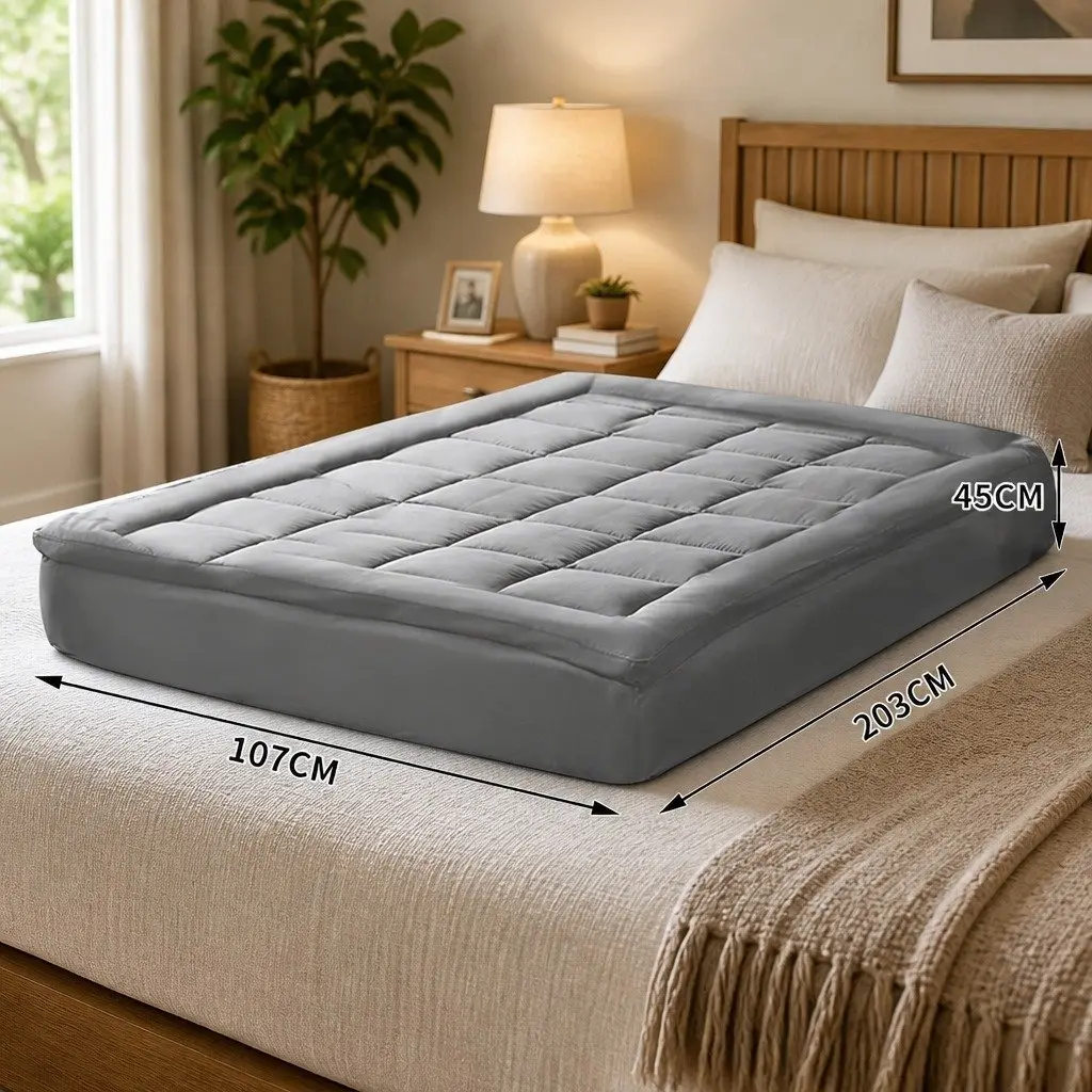 Mattress Topper King Single Fitted Charcoal Bamboo Charcoal Fibre 1000GSM Elastic Skirt