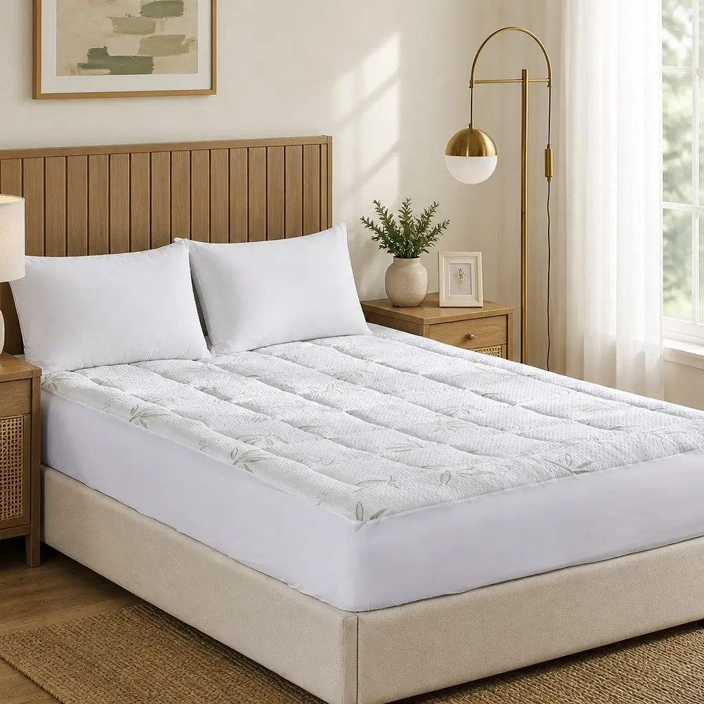 Bamboo Pillowtop Mattress Topper Queen Size Fitted Cooling White