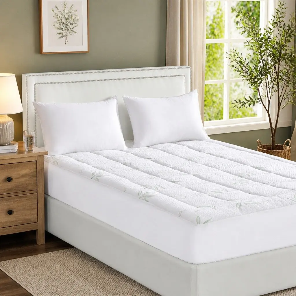 Bamboo Pillowtop Mattress Topper Queen Size Fitted Cooling White