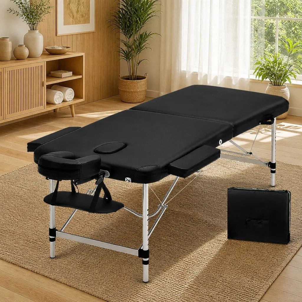 Massage Table Aluminium 70cm Portable Black 2 Fold